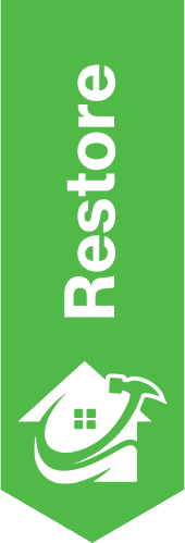 The restore logo on a green background.