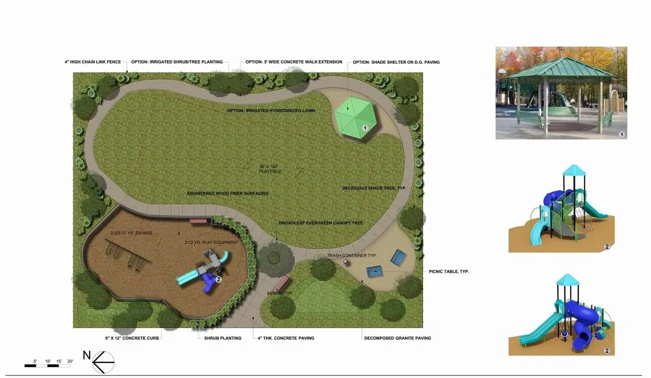 A plan for a playground with a slide and swings.