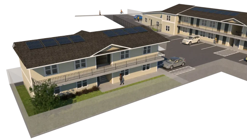 A 3d rendering of a motel with a car parked in front of it.