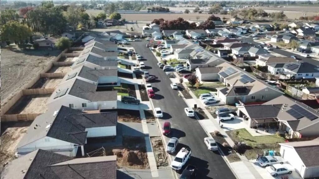 An aerial view of a residential neighborhood.